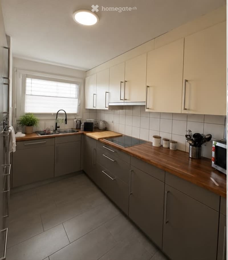 Modern kitchen with light grey cabinets, wooden countertops, and stainless steel appliances. Features include a sink with a modern faucet, microwave, and a small potted plant on the counter.