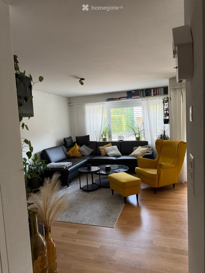 Modern living room with a black leather sofa, yellow armchair, coffee table, and decorative plants.