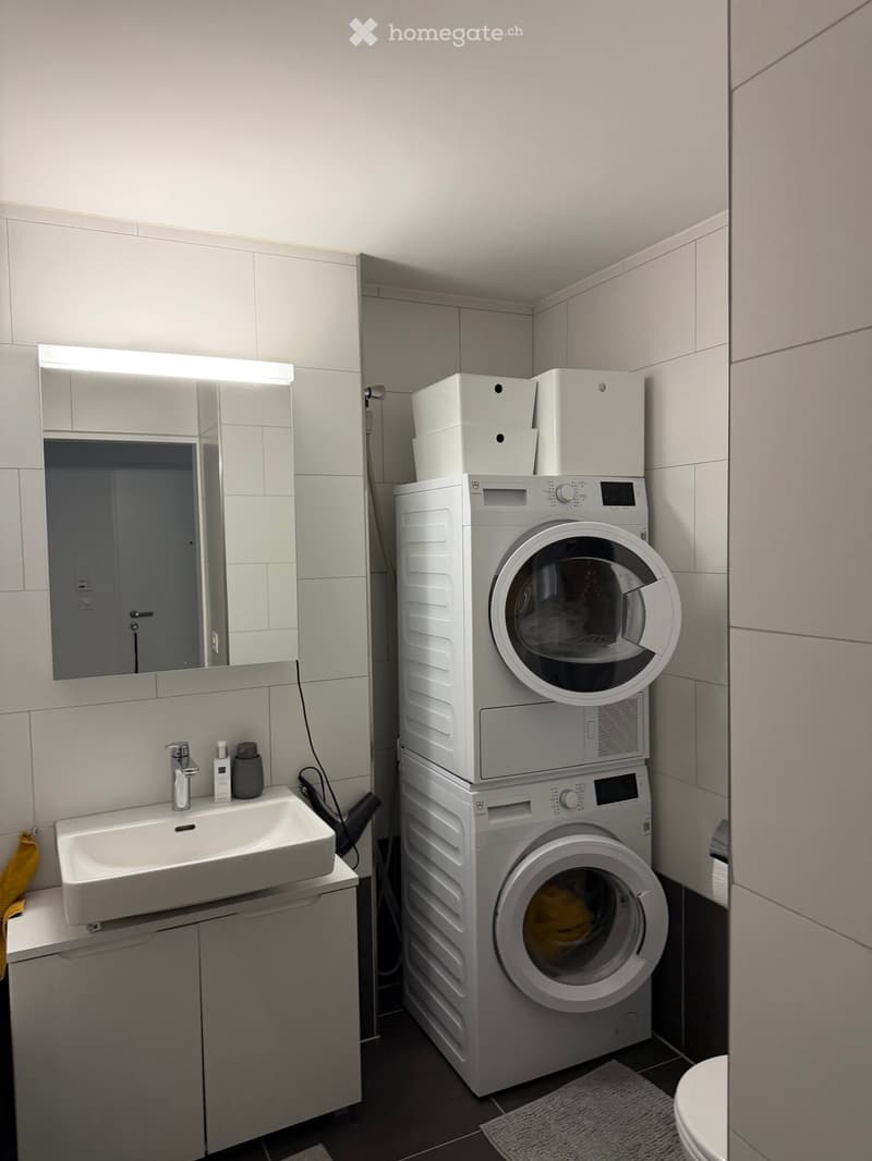 Modern bathroom with a sink, mirror, and stacked washing machine and dryer unit.