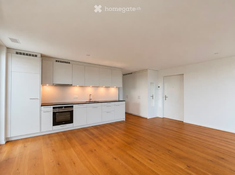 Modern kitchen with white cabinets, wooden flooring, and built-in oven and sink.
