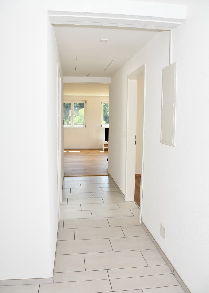 A modern, minimalist hallway with white walls, tiled flooring, and wooden accents. The corridor leads to an open living area with large windows and a TV stand visible in the distance.