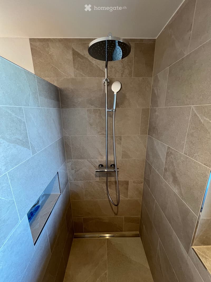 Modern shower area with a large round showerhead, handheld shower attachment, and sleek tile walls and floor.