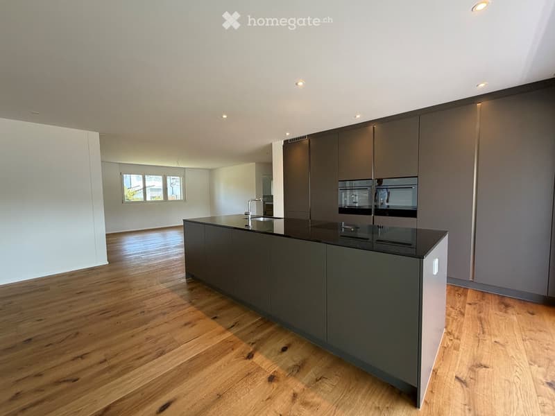 Modern kitchen with dark grey cabinets, a black countertop island, and a stainless steel sink and oven. The floor is light wooden, and the walls are white with recessed lighting.