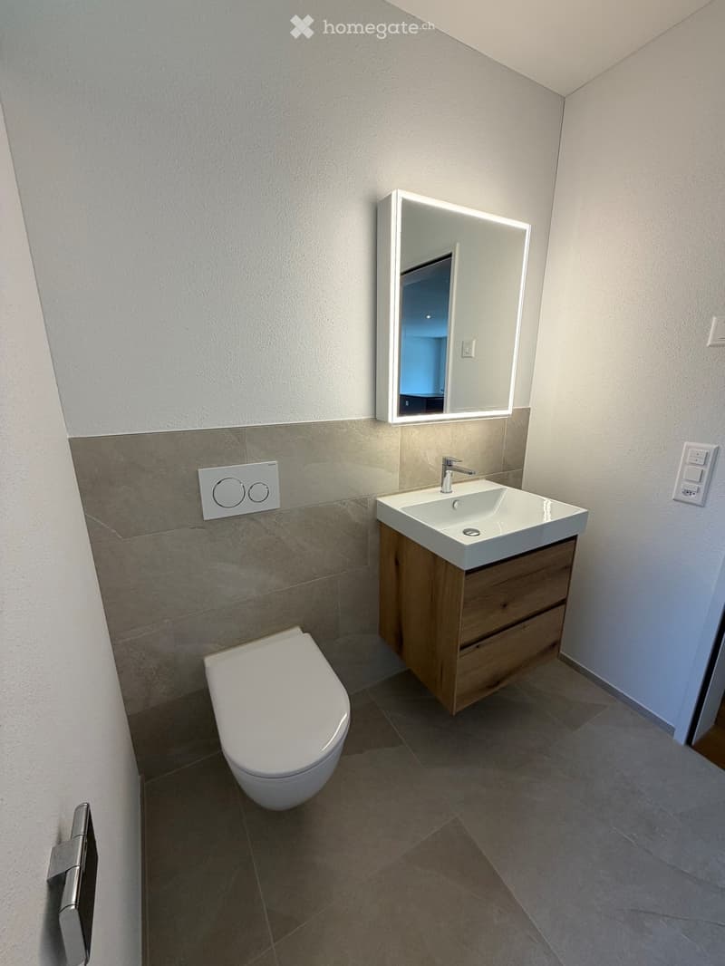 Modern bathroom with a white toilet, a wooden sink cabinet, a wall-mounted mirror with LED lighting, and tiled walls and floor.