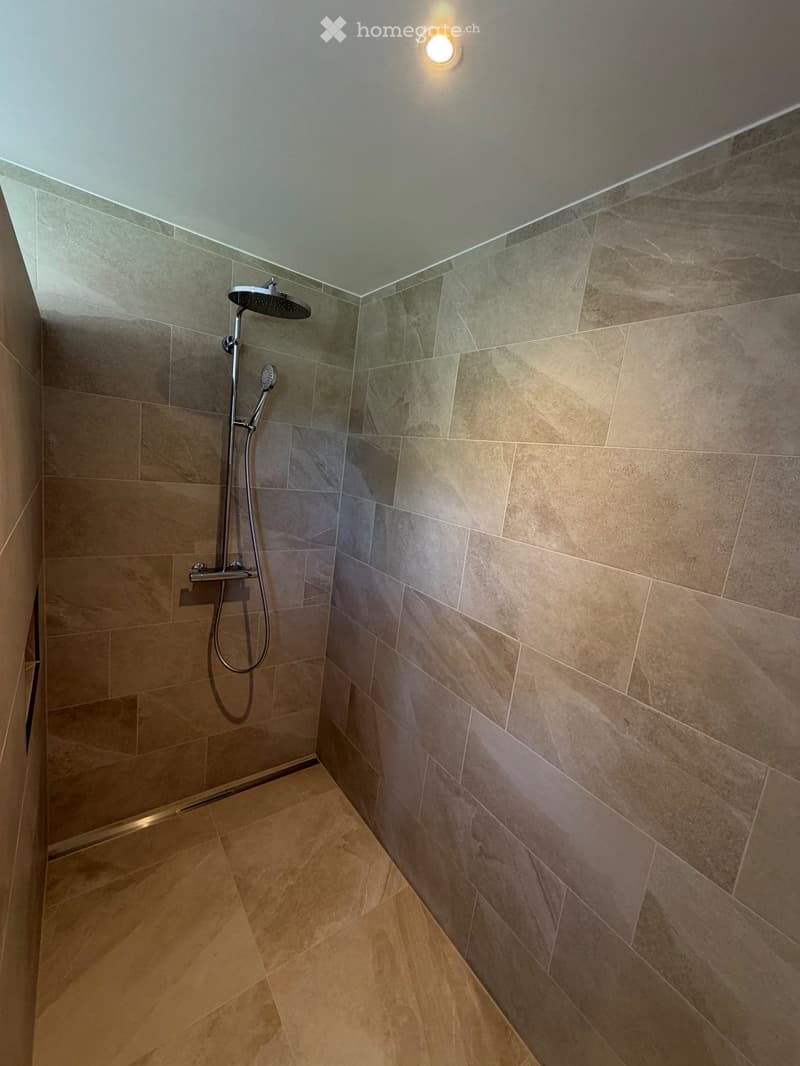 Modern shower area with beige marble tiles, a handheld showerhead, and a built-in light fixture on the ceiling.