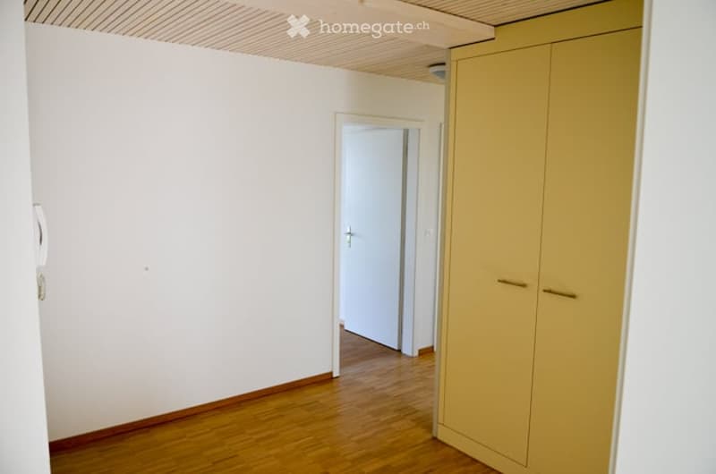 Empty room with light wooden flooring, white walls, and a closed door leading to another room. A built-in wardrobe is visible on the right side.