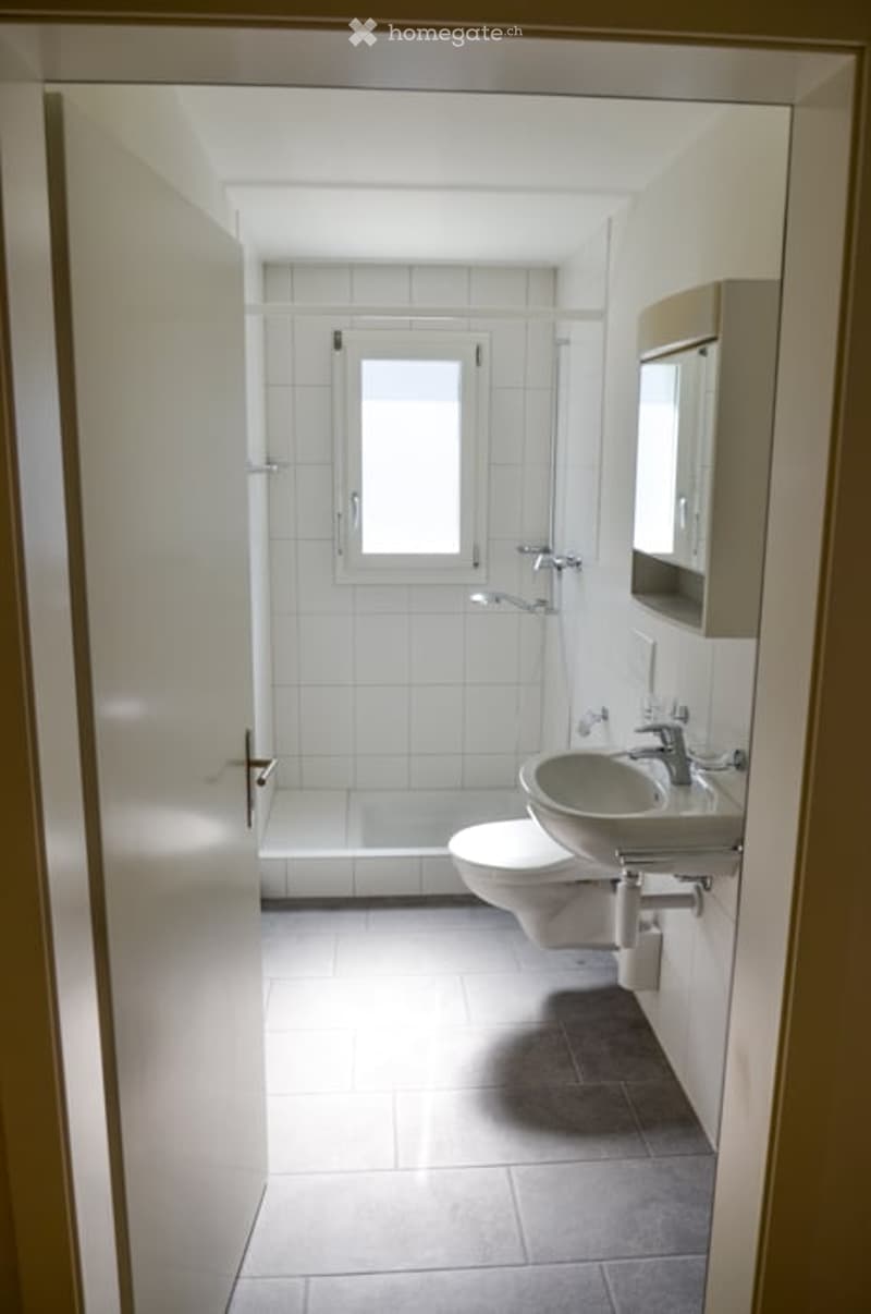 Modern bathroom with white tiles, a sink, mirror, toilet, and a shower area. The space is bright with natural light from a window.