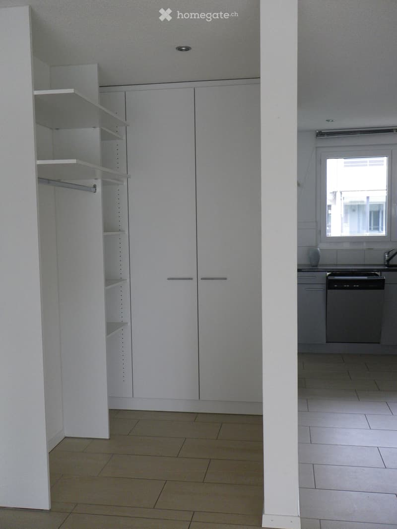 Empty kitchen with white cabinets and open shelving units, no appliances or furniture present.