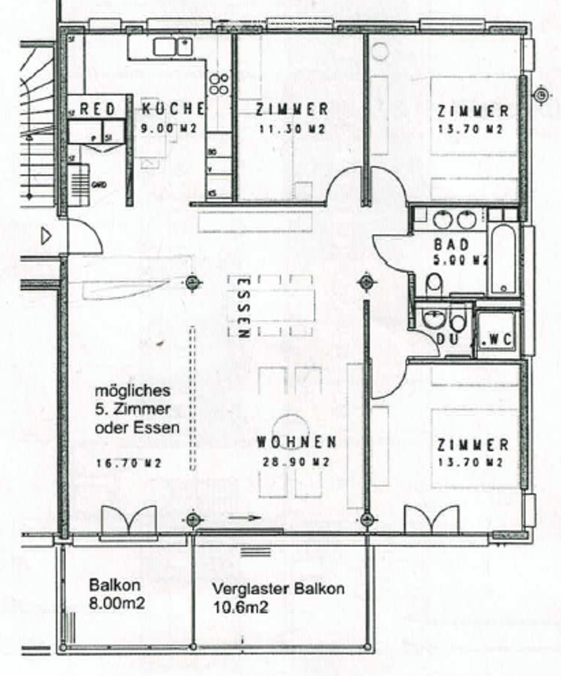 Floor plan of a 2-room apartment with kitchen, living room, bedroom, bathroom, and two balconies.