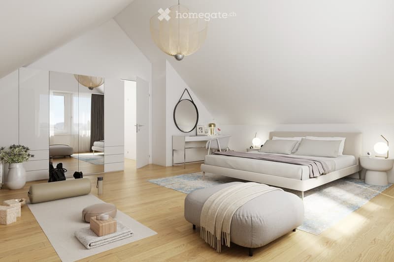 Modern bedroom with a large bed, ottoman, and a vanity area. Features a sleek wardrobe, a round mirror, and a cozy seating area with a cushioned ottoman and a small table.