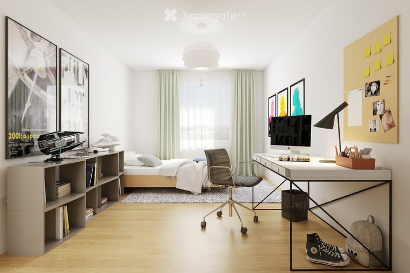 Modern, well-lit bedroom with a bed, desk, chair, bookshelf, and large window with curtains. Features a sleek desk setup with a screen, lamp, and storage, along with decorative posters and a model spaceship on the bookshelf.