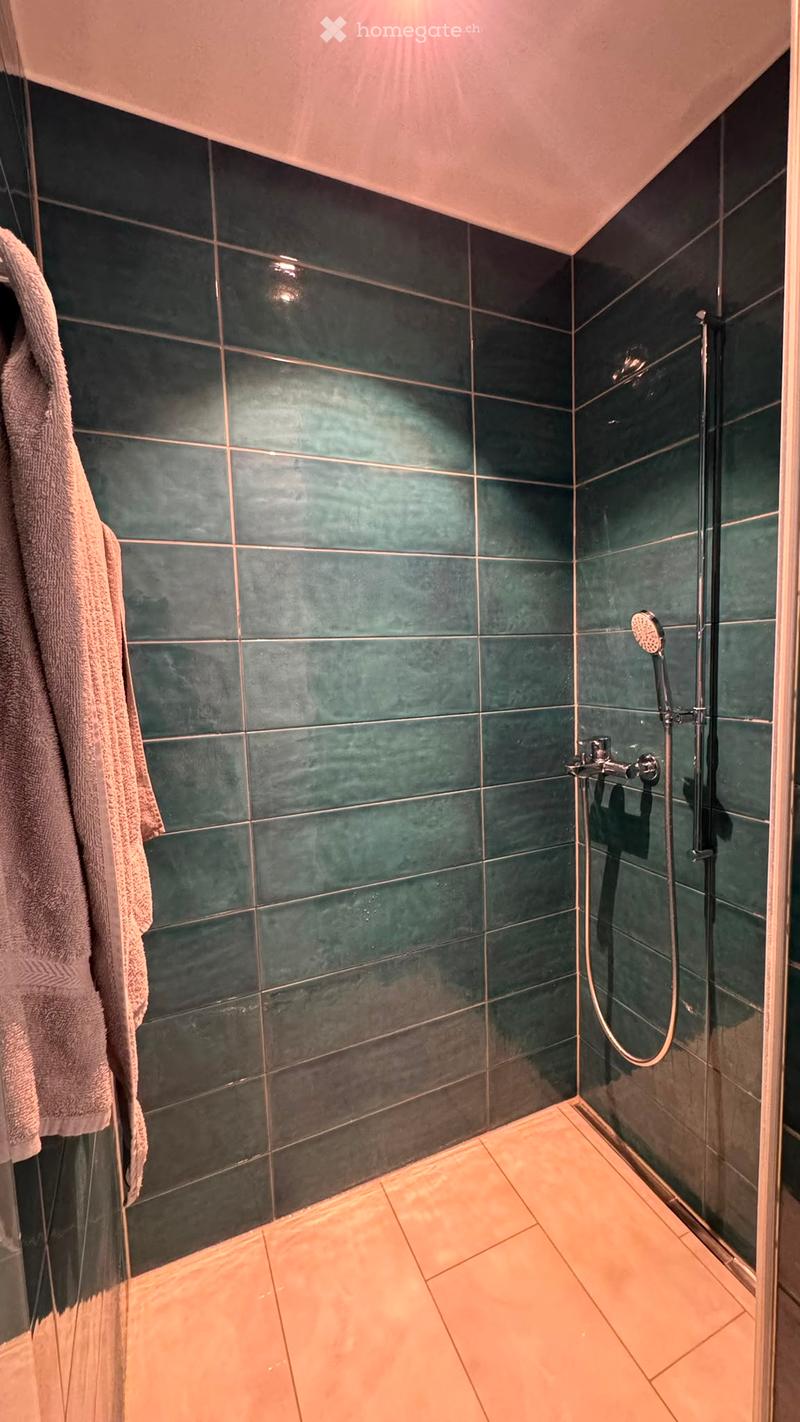 Modern shower area with dark green tiles, a glass enclosure, a showerhead, and a towel hanging on the side.