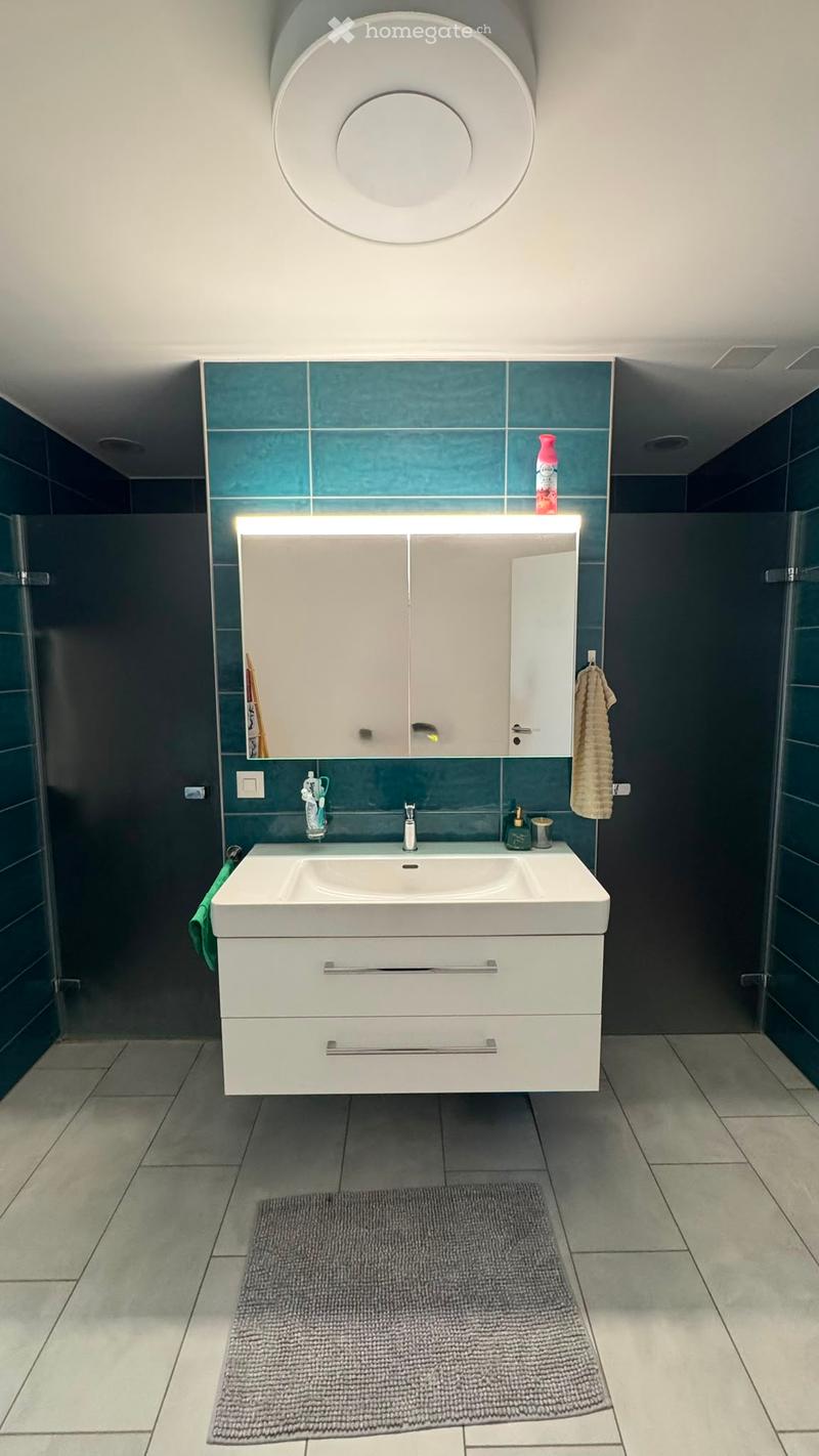 Modern bathroom with a white sink, mirrored cabinet, and dark blue tiles. Includes a towel, bottle, and a round ceiling light.