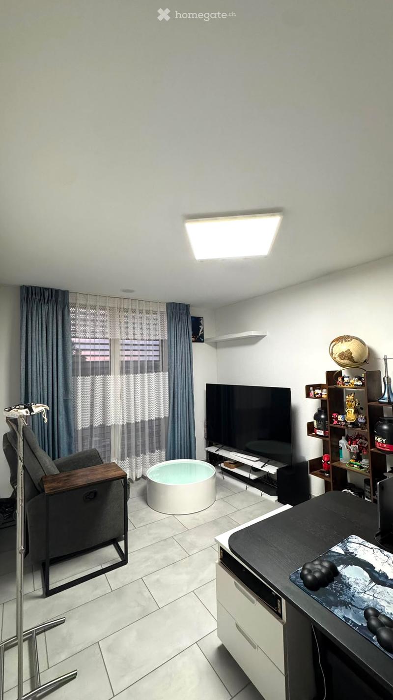 Modern living room with a sofa, coffee table, TV, shelves, and a globe on display. The room features large windows with curtains and a sleek, contemporary design.