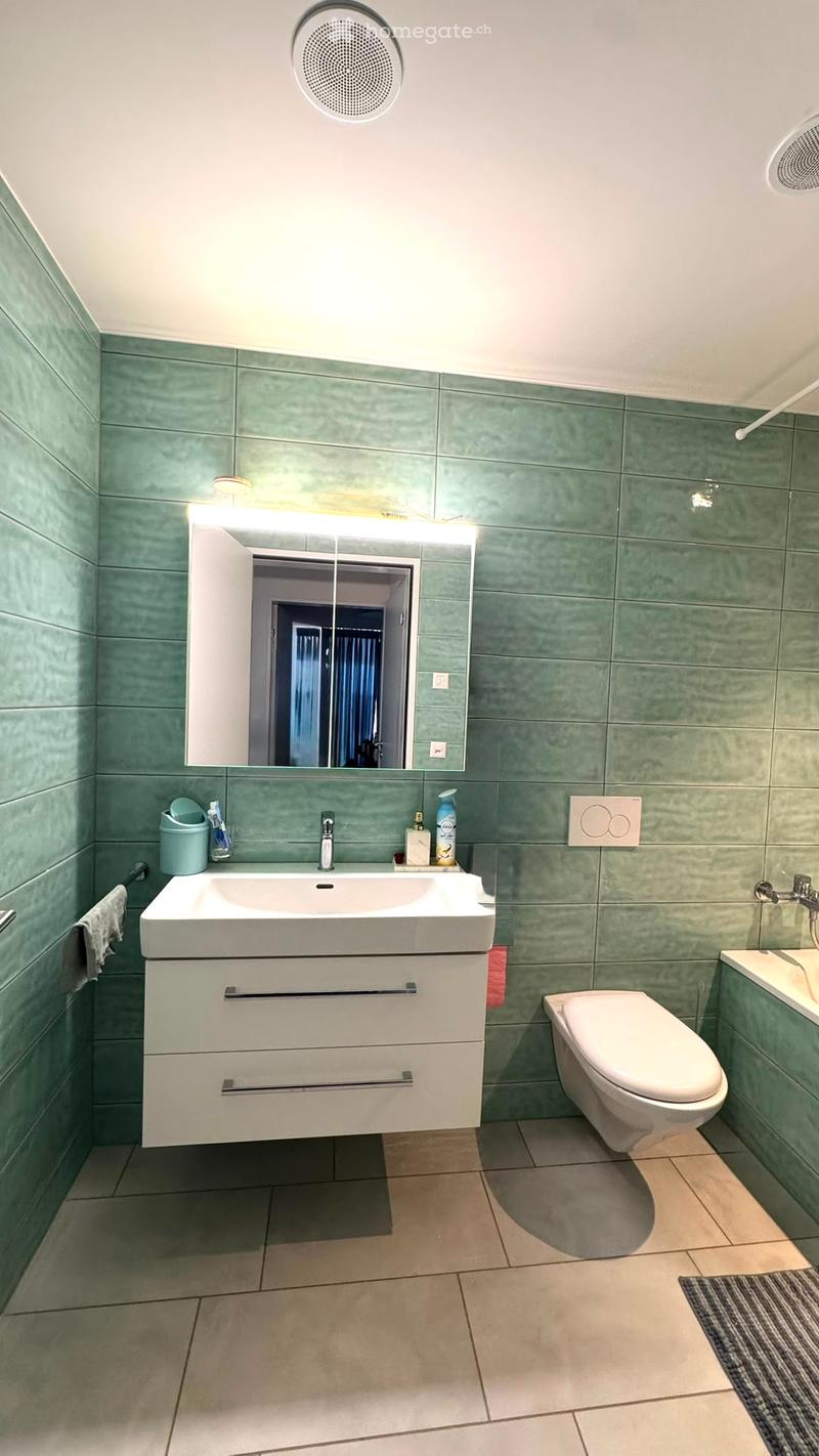 Modern bathroom with green tiled walls, white sink, toilet, mirror, and a small towel on the side.