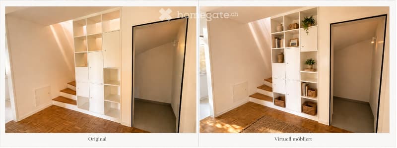 A modern, minimalist room with a large white bookshelf, wooden stairs, and a small seating area. The virtual version includes decorative items like books, vases, plants, and baskets on the shelves.