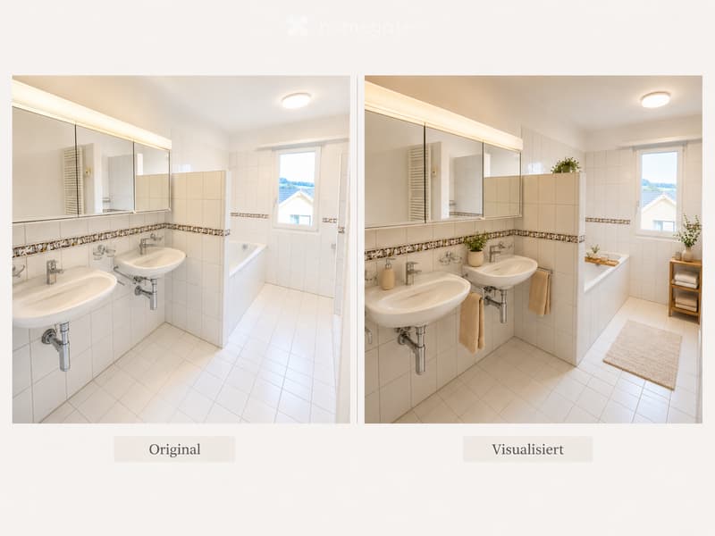 Two views of a modern bathroom with white tiles, a double sink, bathtub, large mirror, and decorative plants. The visualized version includes additional towels, a bathrobe, and a small shelf with folded towels.