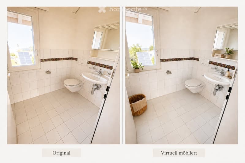 Two images of a bathroom: the left shows a plain, unfurnished space with a toilet, sink, and mirror; the right shows the same bathroom virtually furnished with a wicker basket, plant, and towel on the sink shelf.