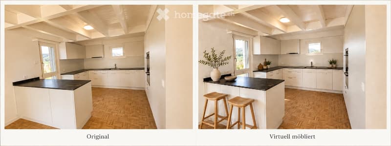 Modern kitchen with white cabinetry, black countertops, and wooden flooring. The virtual furnished version includes two wooden stools and a vase with greenery on the island.