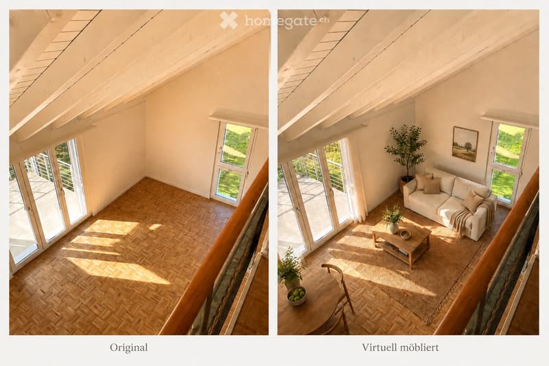 Bright living room with wooden herringbone flooring, large windows, and a balcony. Furnished with a white sofa, coffee table, side table, and decorative plants.