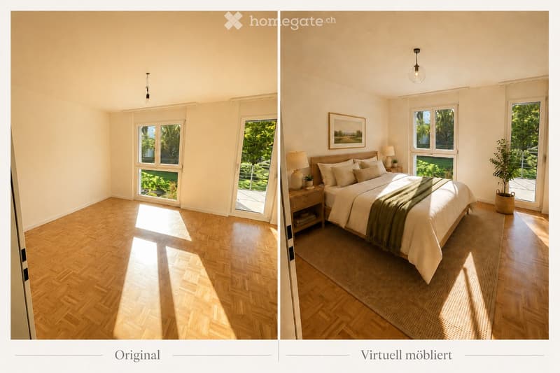 Empty room with wooden herringbone flooring, large windows, and natural light. No furniture or furnishings present.