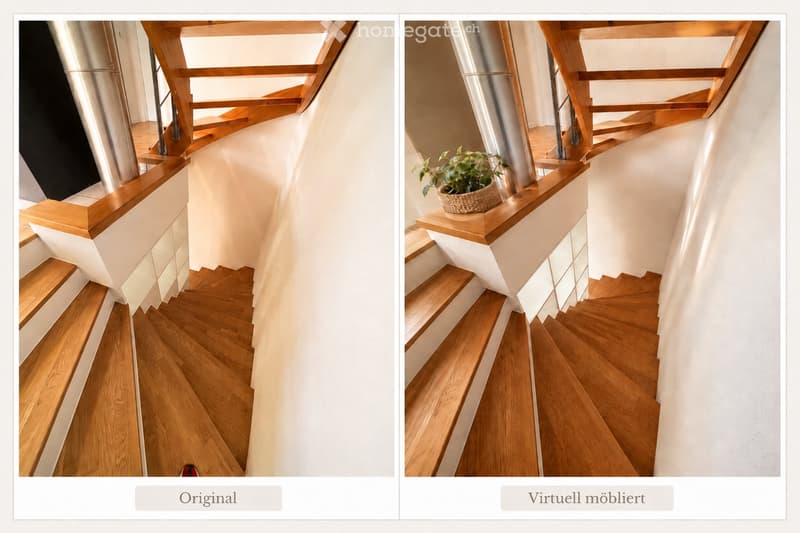 Wooden staircase with white walls and a metal handrail, featuring a small plant on the landing in the virtual rendering.