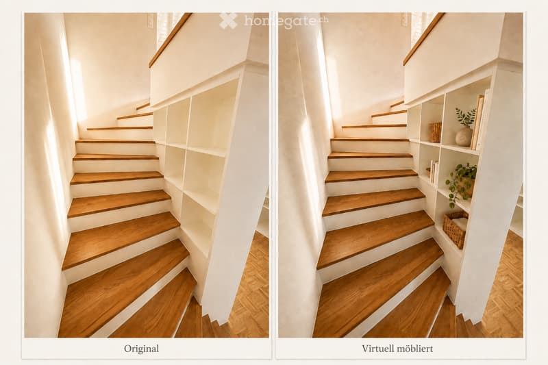 Wooden staircase with built-in white shelving on one side, light-colored walls, and wooden flooring.