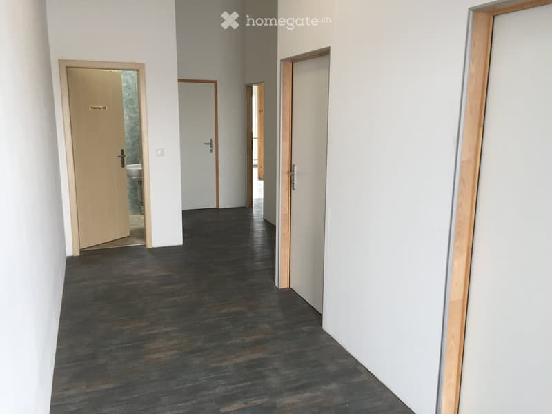 Empty hallway with dark wooden flooring, white walls, and several closed doors leading to other rooms.