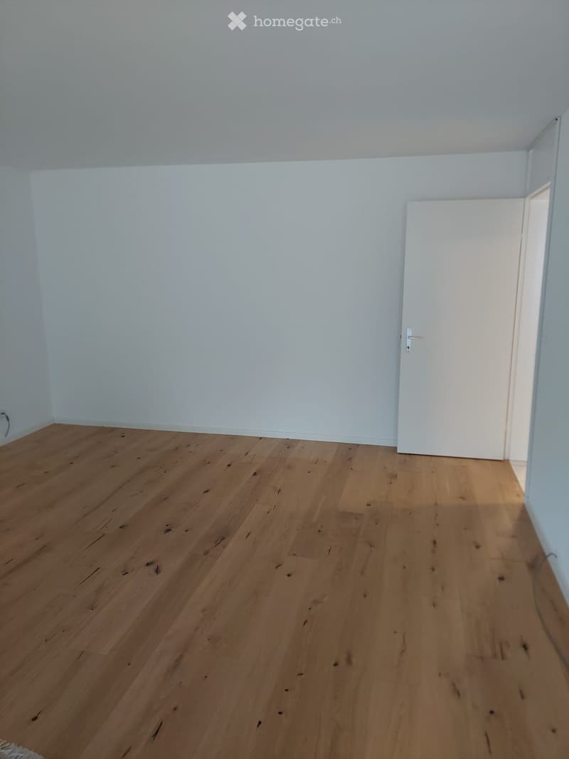 Empty room with light wooden flooring and white walls, featuring a single white door.