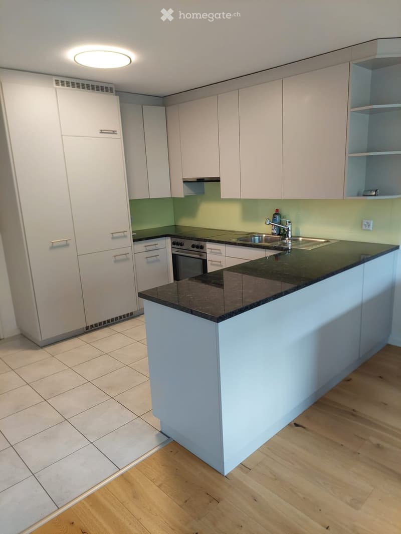 Modern kitchen with white cabinets, black countertop, and stainless steel appliances.