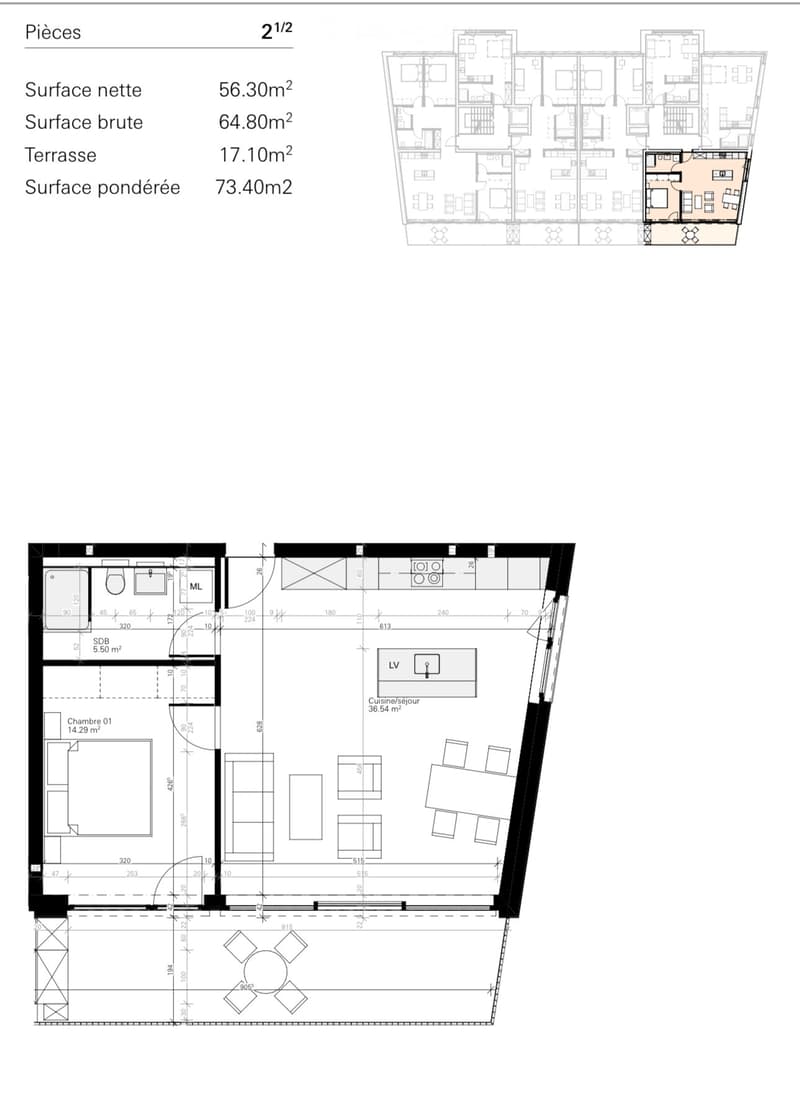 Floor plan of a 2.5-room apartment with a total area of 56.30 m², including a kitchen/living area, bedroom, and bathroom. The plan also includes a terrace of 17.10 m².
