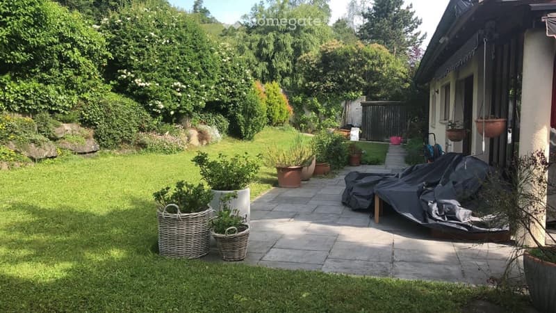 Well-maintained garden with a paved patio, potted plants, wicker baskets, and a covered outdoor furniture set.