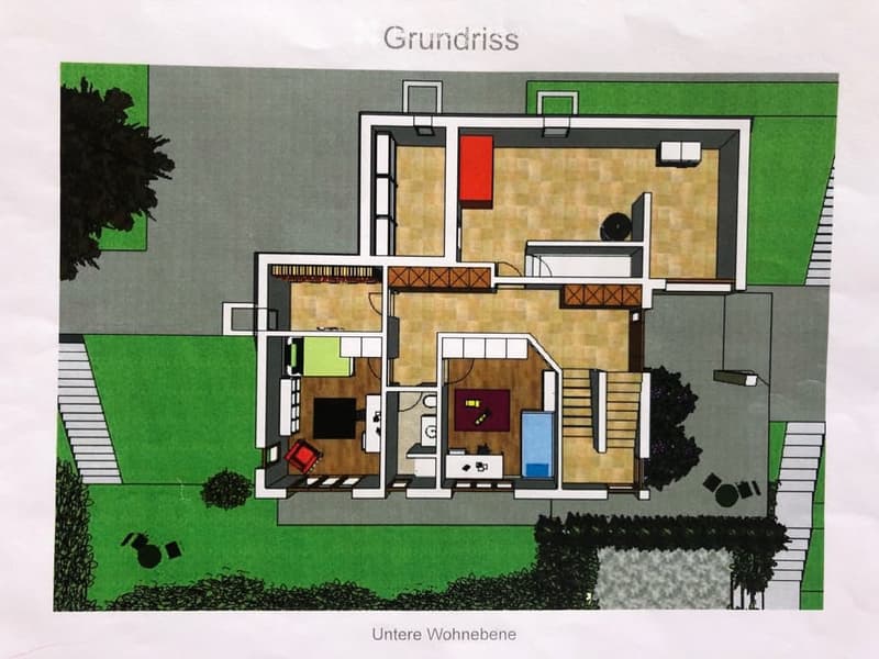 Floor plan of a two-story house with living room, kitchen, bedrooms, bathrooms, and outdoor area.