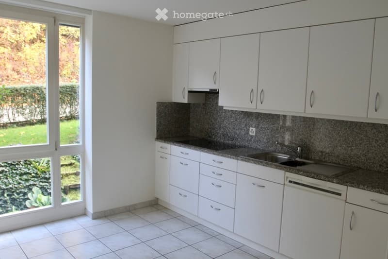 kitchen, white cabinets, granite countertop, stainless steel sink, dishwasher, window