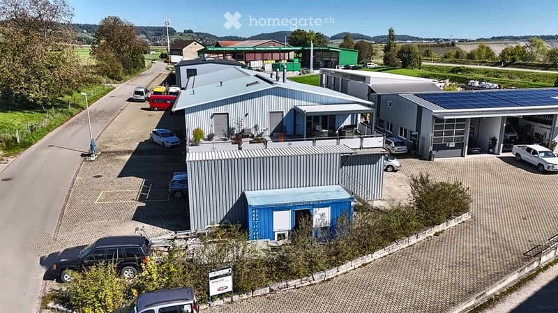 Aerial view of a commercial building complex with multiple structures, parking areas, and vehicles.