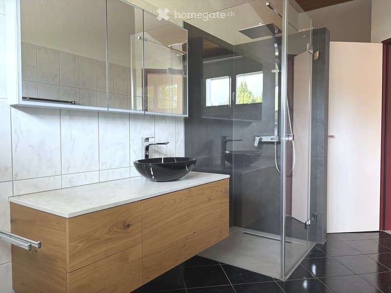 Modern bathroom with a wooden vanity, black sink, glass shower enclosure, and large mirror.