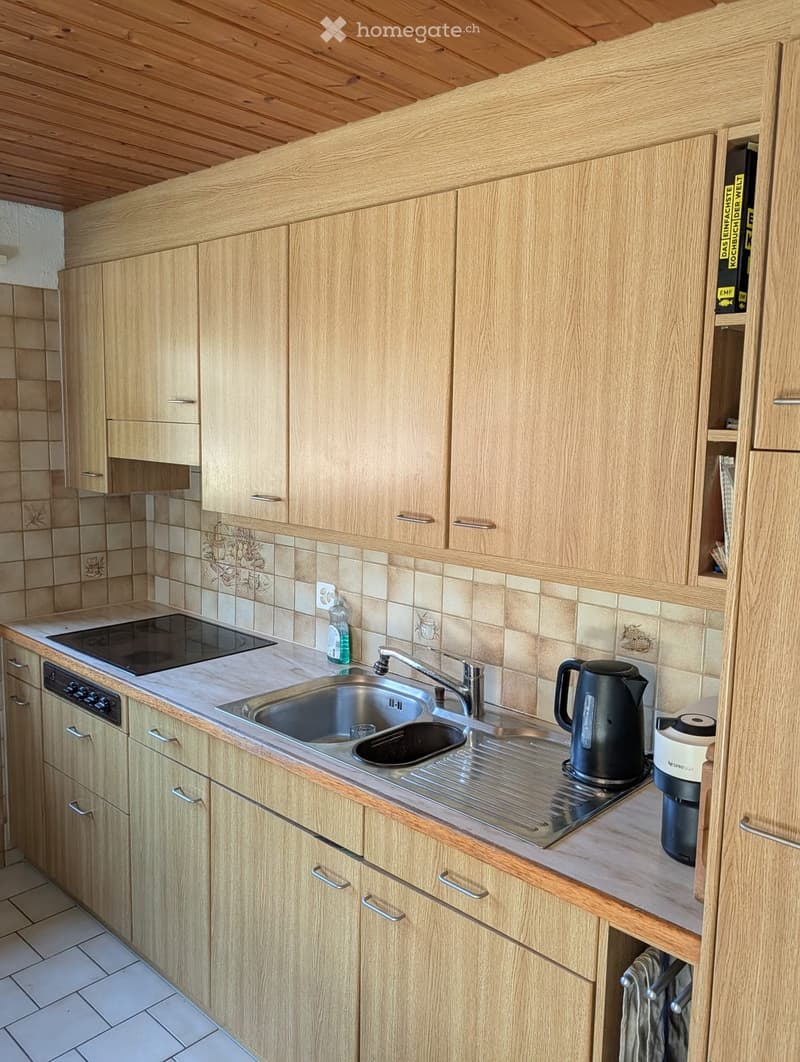 Modern kitchen with light wooden cabinets, stainless steel sink, electric kettle, coffee maker, and dishwasher.
