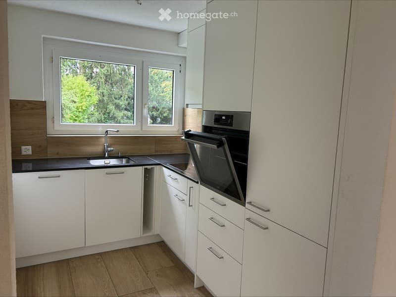 Modern kitchen with white cabinets, wooden flooring, and a black countertop. Features a sink with a modern faucet, an oven, and large windows offering a view of greenery.