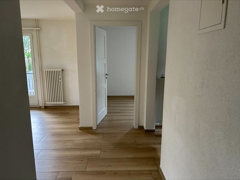Empty hallway with wooden flooring, white walls, and a closed door leading to another room. A radiator is visible on the left wall, and a window allows natural light to enter.