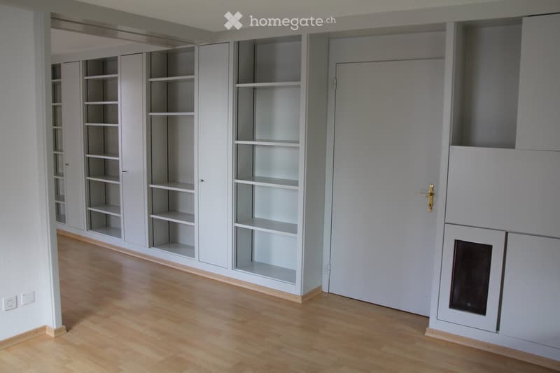 Empty room with light grey built-in shelving units and a wooden floor. No furniture or personal items are present.