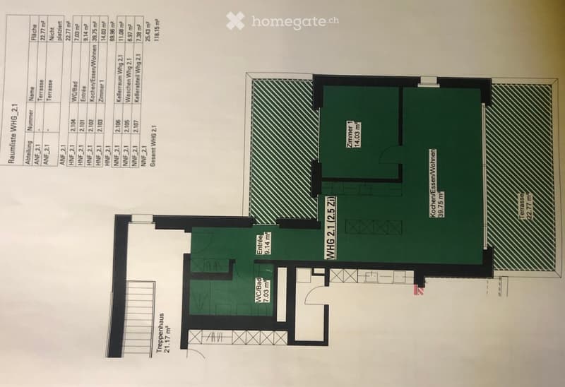 Floor plan of a 2.5-room apartment with a kitchen/dining/living area, bedroom, bathroom, entrance, and terrace.
