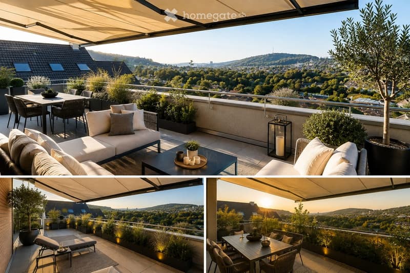 A spacious, well-furnished balcony with a panoramic city view, featuring a sofa, dining table, chairs, potted plants, and a lantern.