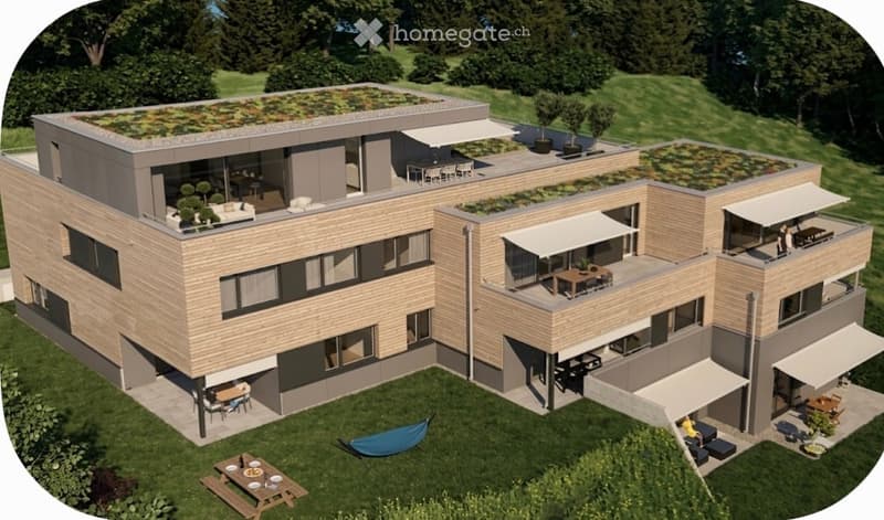 Modern two-story house with wooden facade, large windows, and multiple outdoor seating areas including a rooftop terrace and garden.