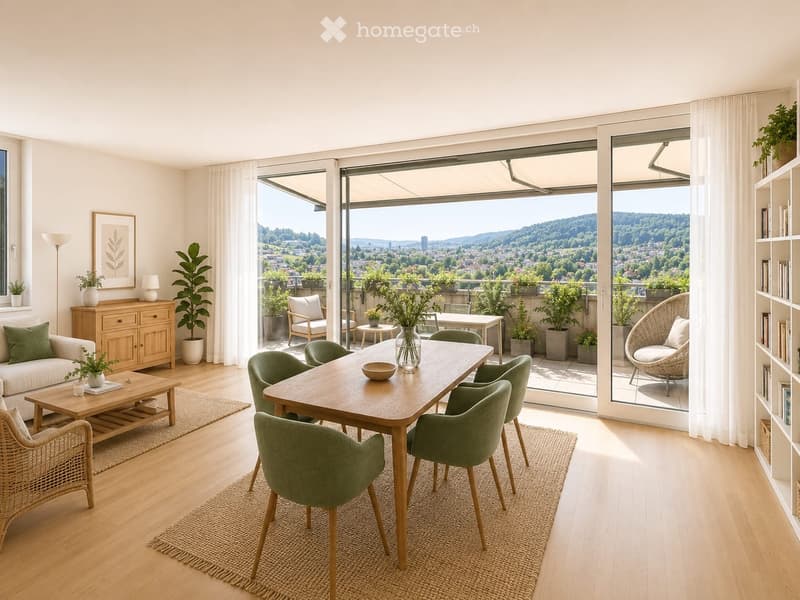 Bright, modern living and dining area with large windows and a balcony overlooking a scenic landscape. Features a white sofa, wooden coffee table, dining table with green chairs, sideboard, floor lamp, and decorative plants.