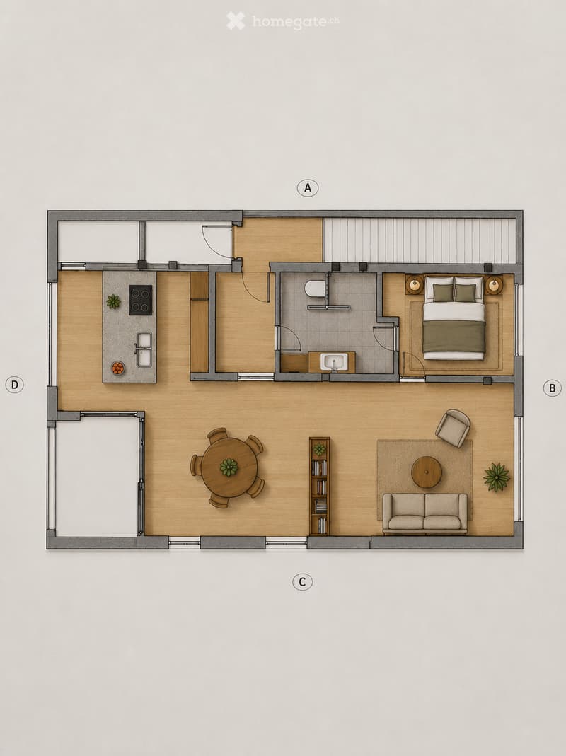 Floor plan of a 2-bedroom apartment with a living room, dining area, kitchen, and bathroom. Includes a bedroom, living room, dining area, kitchen, and bathroom.