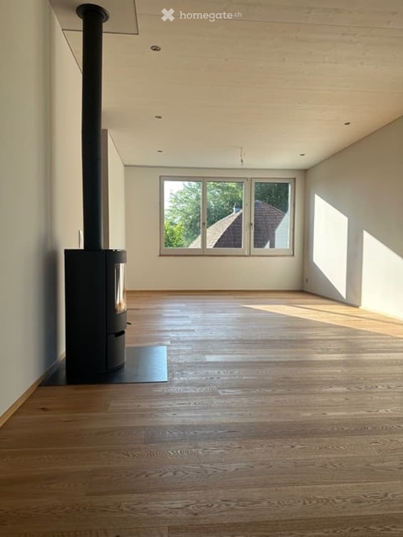Empty room with wooden flooring, white walls, large windows, and a black wood-burning stove.