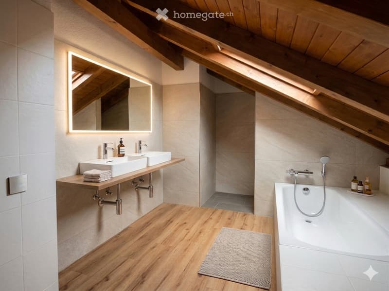 Modern bathroom with wooden ceiling beams, white tiled walls, double sink vanity, bathtub, and illuminated mirror.