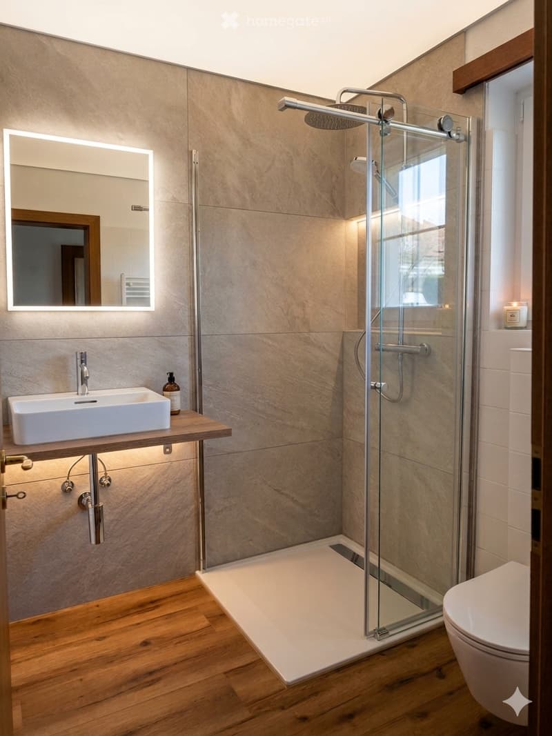 Modern bathroom with a glass-enclosed shower, a white sink on a wooden vanity, a large mirror with LED lighting, and a toilet. The walls are tiled in a light beige stone pattern, and the floor is wooden.