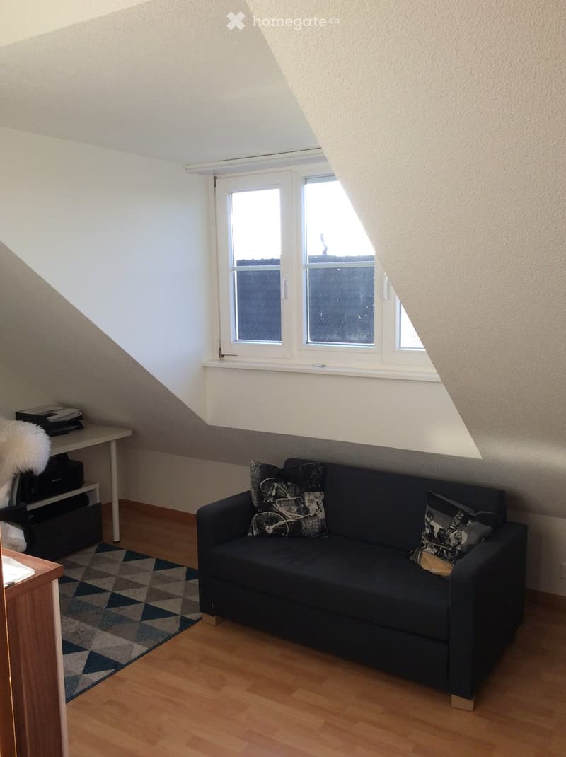 A cozy attic room with wooden flooring, a dark blue sofa with patterned pillows, a small table with a fluffy white throw, and a geometric patterned rug.