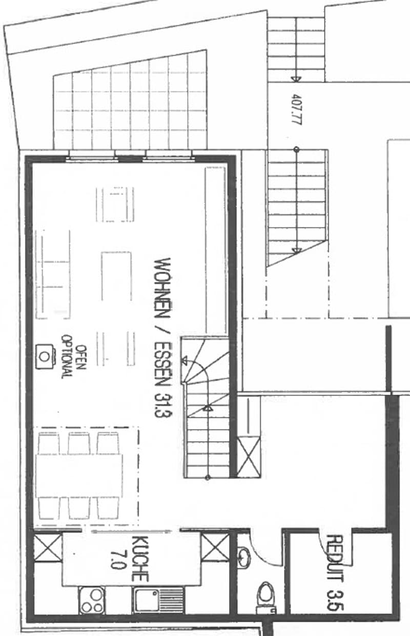 Floor plan of a 3.13m living/dining area, 3.5m bedroom, and kitchen with dimensions and optional spaces.
